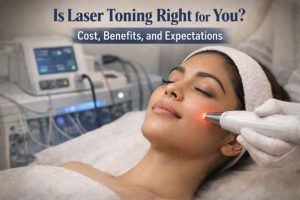 Laser toning treatment being performed on woman's face